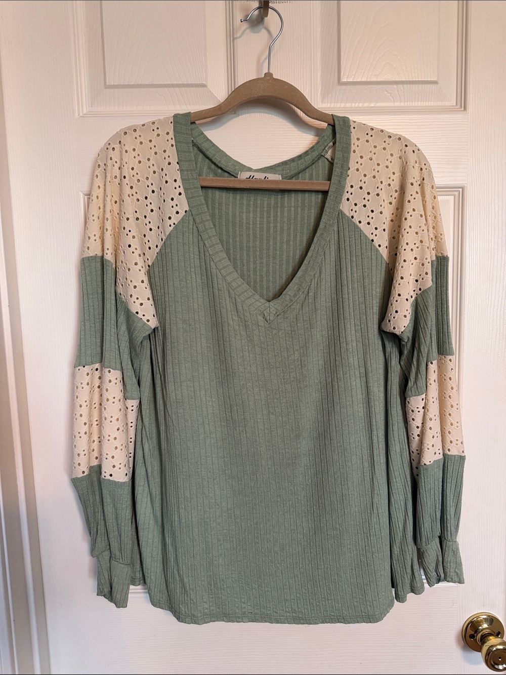 Light Sage Ribbed V-Neck Top with Eyelet Sleeve Accents